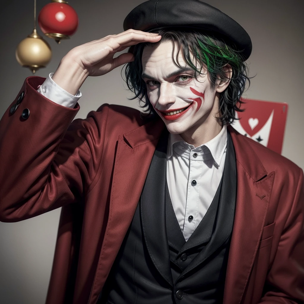 "Draw a joker card from a deck with the following characteristics:
main character: A joker smiling evilly.
Main Colors: red and white.
fund: blackw.
styled: animated cartoon.
The joker must be dressed in typical court jester clothing, with a peaked hat and bells. The joker's smile should be exaggerated and a little scary, with eyes that convey malice. Use vibrant shades of red and white for the joker's costume, standing out against the black background. Add some fun details, like playing cards flying around or magic elements to enrich the illustration."