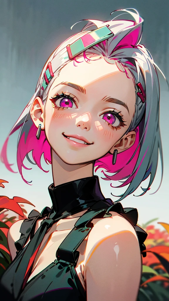 17-year-old female、Silver and bob short hairstyle, Tie your hair up with a hair clip, Pink Eyes、、Big smile、one piece、(High Top Fade:1.3)、Dark Theme、Calm colors調、Calm colors、High contrast、Green meadow background、Taste autumn fruits、apple、(Natural skin texture、Hyperrealism、Soft Light、sharp)
