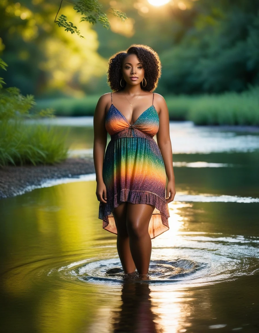 In a stunning photo taken at sunset on July 4th, a curvy Black woman stands in a shallow stream, wearing surrounded by a serene wooded area. a colorful sheer summer sundress she exudes tranquility as her natural curls frame her serene expression. Simple gold jewelry glints in the fading light. The golden hues of the setting sun cast a warm glow on her, highlighting her curves and creating a gentle shimmer on the water. The clear stream, reflecting the vibrant sunset colors, and the dense green foliage enhance the scene's intimacy. Captured with a Canon EOS 5D Mark IV using a 70-200mm lens, the photo features settings of f/2.8 aperture for a shallow depth of field, 1/200 sec shutter speed, and ISO 200. The low-angle shot focuses attention on the model, with a softly blurred background adding depth and context to this serene and intimate moment.