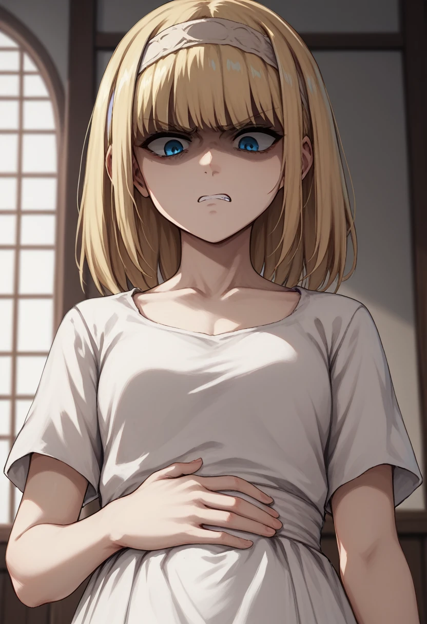 score_9, score_8_up, score_7_up, ymir fritz,1girl, solo, hairband, blonde hair, bangs, medium hair,shaded face,white dress, short sleeves, room, , close up, angry, blue eyes, looking down, hand on own stomach