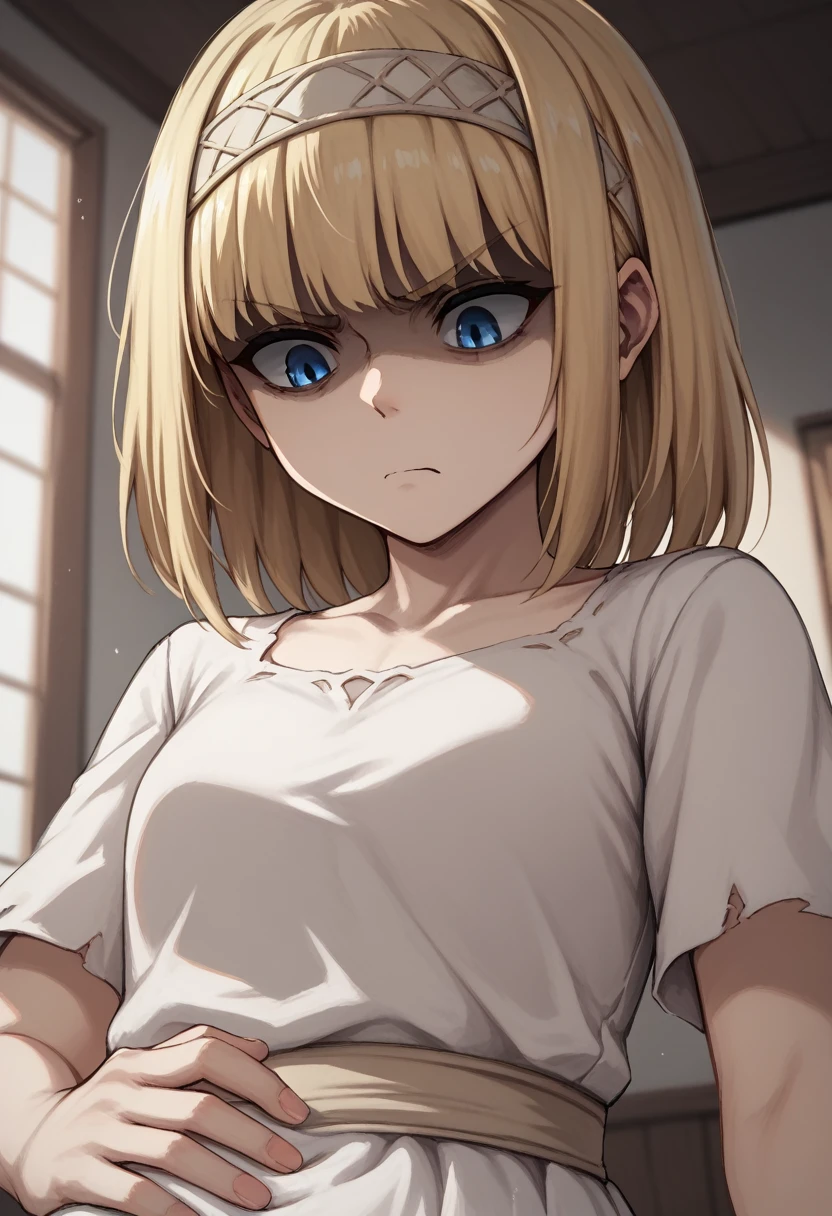 score_9, score_8_up, score_7_up, ymir fritz,1girl, solo, hairband, blonde hair, bangs, medium hair,shaded face,white dress, short sleeves, room, , close up, angry, blue eyes, looking down, hand on own stomach