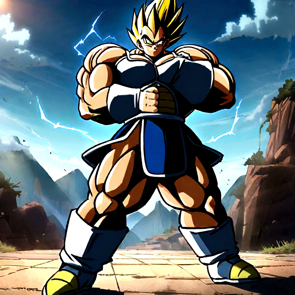 1boy, Vegeta, from Dragon Ball Z, Vv2essjnss, yellow hair, spiked hair, green eyes, male focus, straddle stance, (huge muscles:1.5), full body, yellow aura, electricity, Dragon Ball Z artstyle, in the style of Akira Toriyama, white tiled floor, outdoors, flat-top mountains, Extreme Wide shot, Low Angle Shot, , masterpiece, best quality, very aesthetic, absurdres