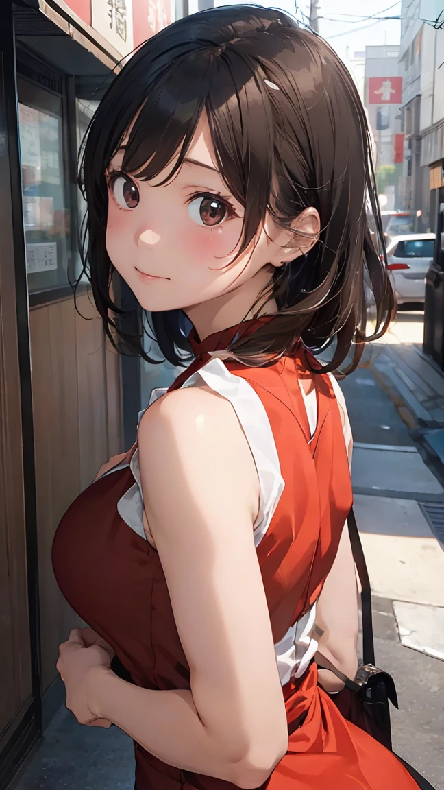 (masterpiece:1.2, Highest quality), (Realistic, photoRealistic:1.4), Beautiful illustrations, (Natural Side Lighting, Cinema Lighting), Browsing Caution,
Looking at the audience, Face Focus, Upper Body, 1 Girl, Japanese, high school girl, Perfect Face, Cute symmetrical face, (Shiny skin:1.3), Perfect Eyes,
(Double Bang:1.3, Brown Hair), Asymmetrical bangs, Brown eyes, (Large Breasts:1.3), Narrow waist,(Big Ass:1.2),
Beautiful Hair, Beautiful Face, Fine and beautiful eyes, Beautiful clavicle, Beautiful body, Beautiful breasts, Beautiful thighs, Beautiful legs, Beautiful fingers,
((High-quality fabric, Sleeveless Red Micro Mini Cheongsam, Slit at waist)),
(Beautiful views), evening, (Ramen shop), walk,(A small smile, Upward glance),