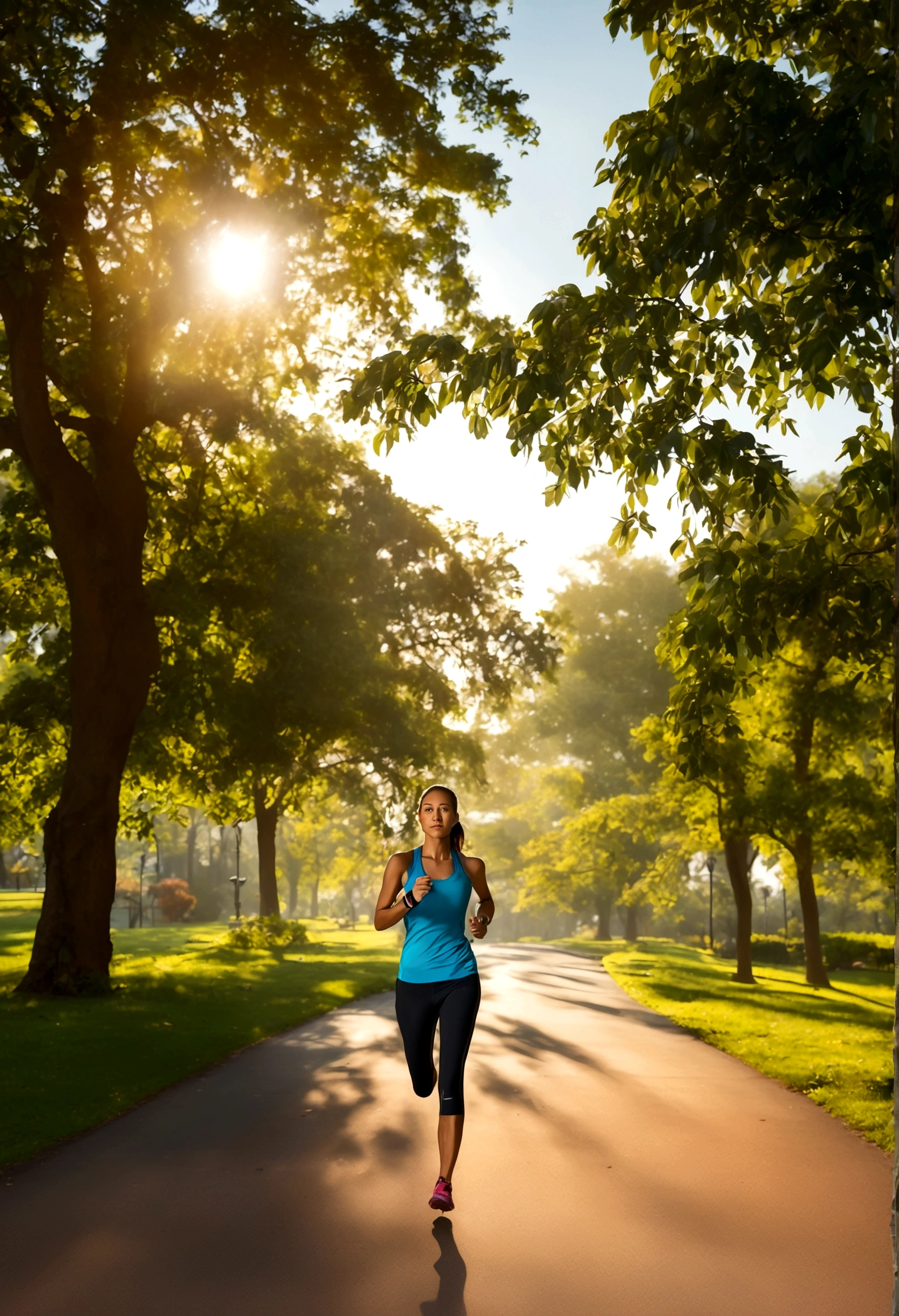 A realistic photo of a young woman jogging in a city park during the early morning. The sun is rising, casting a warm glow on the scene. She is wearing modern athletic gear, including running shoes, leggings, and a tank top. The park has a paved jogging path, lush green trees, and a few other joggers in the background. The atmosphere is vibrant and energetic, with a clear blue sky and a hint of morning mist. The photo should have high resolution and realistic lighting to make it indistinguishable from a real photograph.