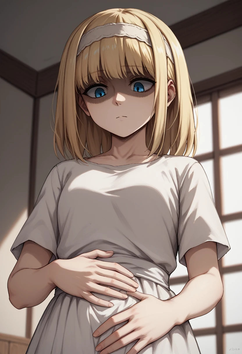 score_9, score_8_up, score_7_up, ymir fritz,1girl, solo, hairband, blonde hair, bangs, medium hair,shaded face,white dress, short sleeves, room, ,, blue eyes, looking down, hand on own stomach