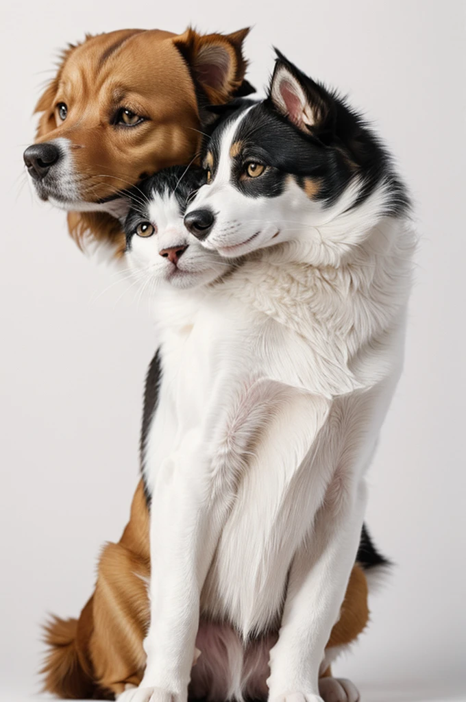 Dog and kitten hugging on a white background