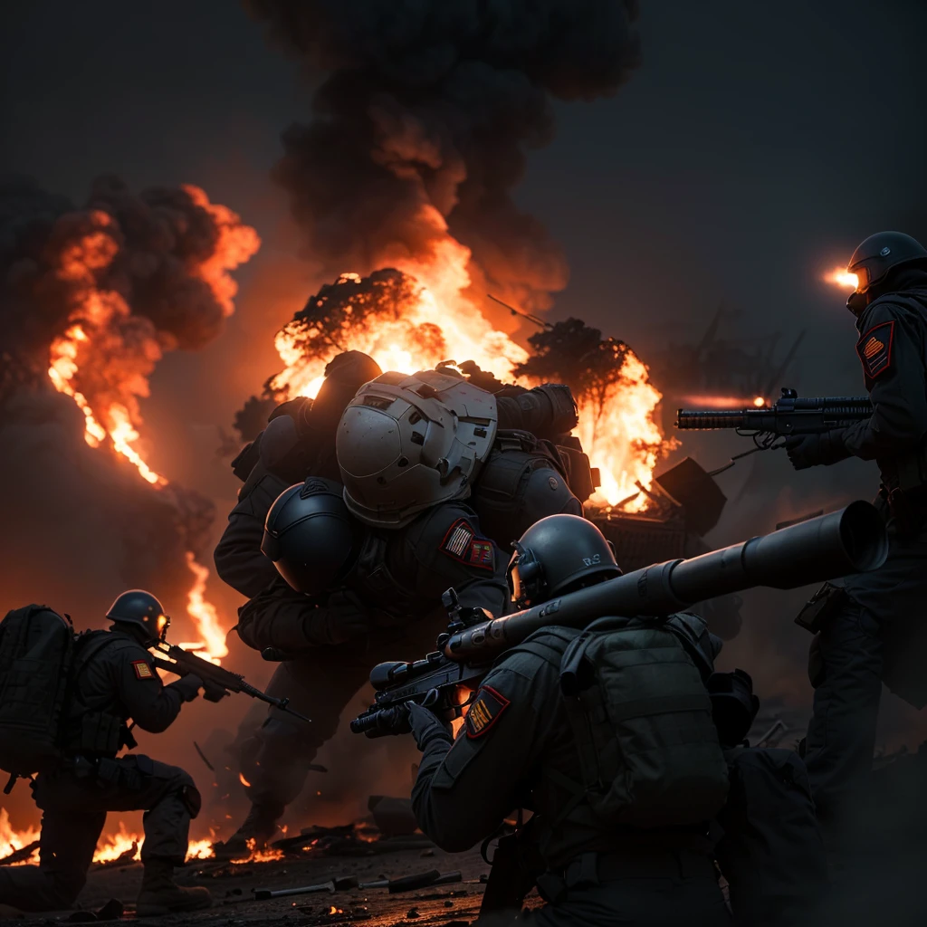 soldiers in uniform with weapons and helmets are in front of a fire, an escalating violent firefight, realistic apocalyptic war scene, powerful explosions, explosions and smoke, dark color. explosions, battlefield backround, huge explosions everywhere, battlefield scene, charge explosives, heavy weapons fire, fps game concept art, mech machines firing bullets, explosions and fire, soldiers and mech fight