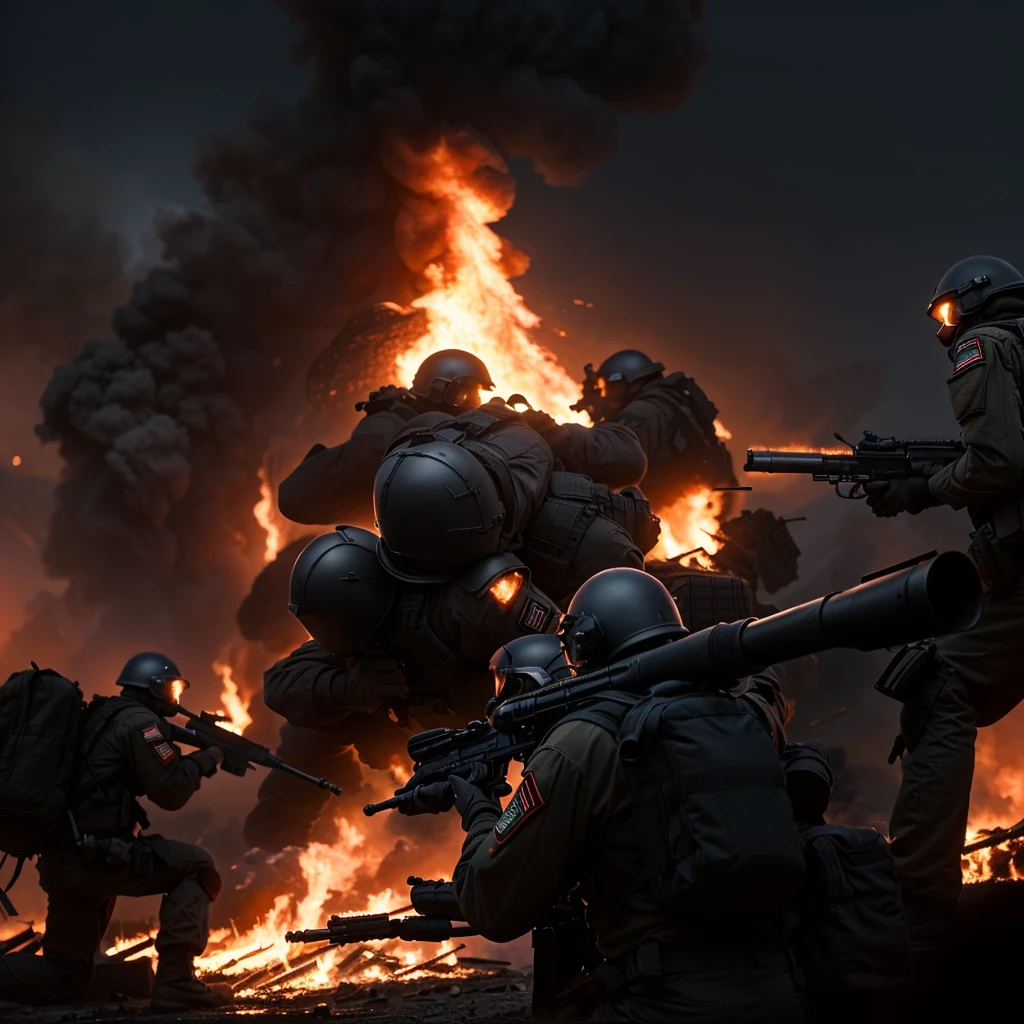 soldiers in uniform with weapons and helmets are in front of a fire, an escalating violent firefight, realistic apocalyptic war scene, powerful explosions, explosions and smoke, dark color. explosions, battlefield backround, huge explosions everywhere, battlefield scene, charge explosives, heavy weapons fire, fps game concept art, mech machines firing bullets, explosions and fire, soldiers and mech fight
