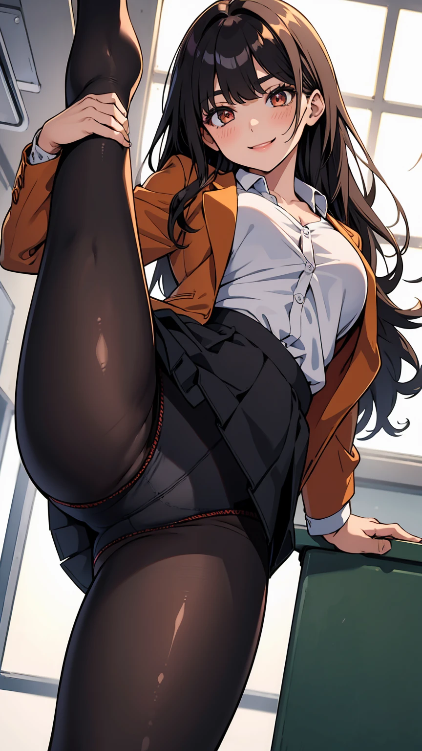 One Girl, Five Fingers, mini skirt, Looking down at the viewer, Brown long hair, Highest quality, Focus on the thighs, Dynamic pose, smile, blazer, blouse, Black Pantyhose, panties under pantyhose, Standing Split, classroom, Black Hair, Stylish pose,My thighs and groin are steamy 