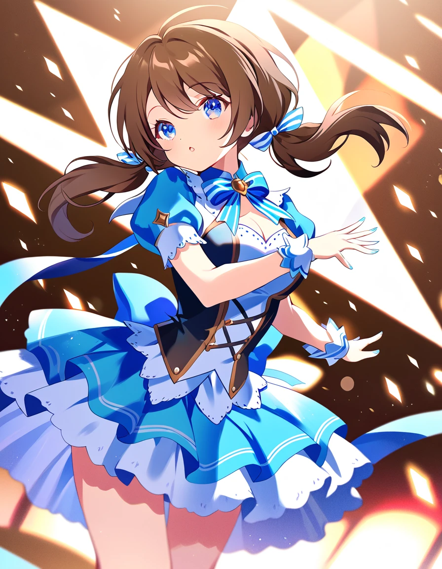 BREAK Perfect Anatomy、(High resolution:1.2)、Incredible illustrations、(Cute illustrations:1.2)、()(cinematic angle) 
（Beautiful background（premium stage
））
1girl(brown hair,Low long twin tails (blue eyes
)idol costume)
sing and dance:1.4
