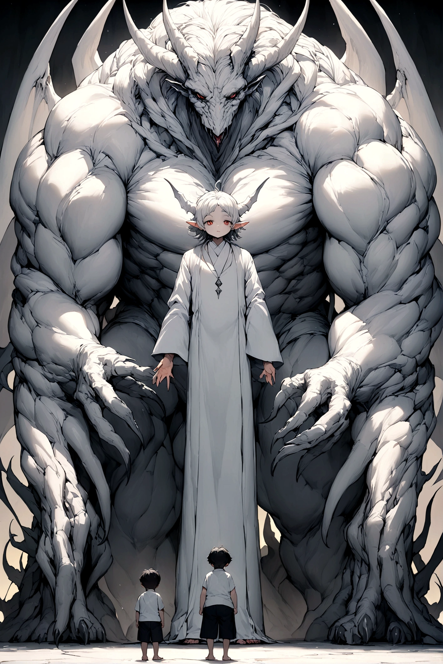 A powerful demon with two forms; an incredibly huge and scary white monster of inmense musculature and 8'7 feets height, and a cute little boy of only 4'5 feets height