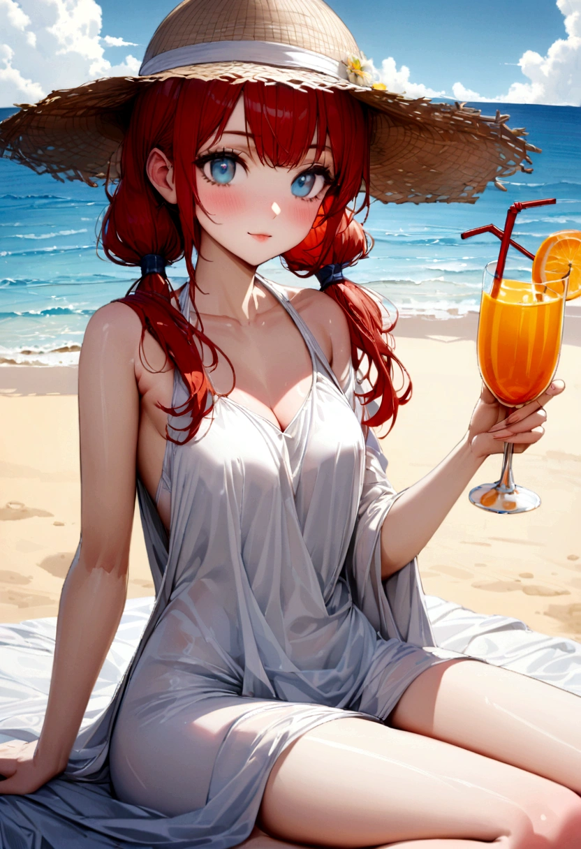 A young woman with short twin tails of crimson red hair and blue eyes. She is dressed in a modern fashion Loose and spacious white cloth for swimming that covers most of her skin. She wears a large straw hat. She wears sunglasses. she is sitting either next to or on a beach. She holds a glass of juice in one hand"