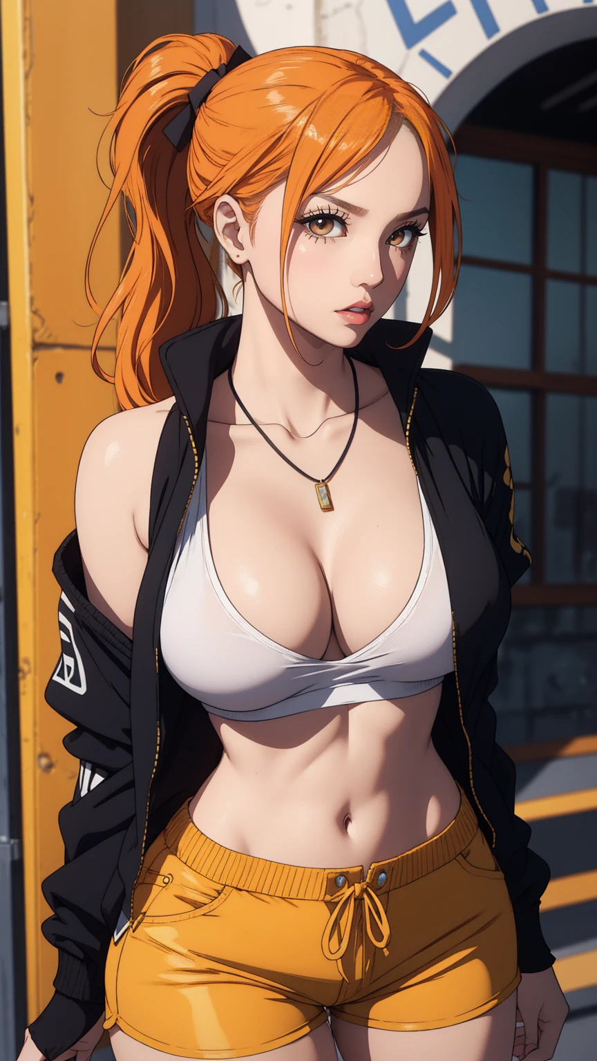 realistic, 1 women, best quality, 12k, HD, long hair, big round breasts, cleavage, ponytail, necklace, jewelry, shorts, short jacket, slim hips, hair tie, yellow eyes, orange hair, super detailed, Eye details, hair details, person details, mouth details, face details, breast details, clothes details, hair details, pants details, hand details, whole body