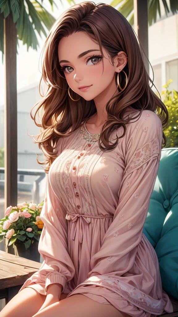 (Best quality, 8k, Masterpiece :1.3)), Sharp focus :1.2, Perfect body beauty: 1.4, Slim abs: 1.2, ((Long Dark brown hair, round breasts: 1.2)), (realistic light, natural lighting: 1.1 ), highly detailed facial and skin textures, detailed eyes, double eyelids, (((Dynamic Angle))), nsfw, 8K raw photo, Best quality, masterpiece, ultra high res, film grain, filmg, 1girl, looking at viewer, natural skin texture, realistic eye and face details, full lips, lipstick, (makeup), "Create a high-quality profile picture of a young Latina woman named Bella Rivera. She is 24 years old, with a softer, curvier build and a warm medium-tan complexion. Bella has an oval-shaped face with high cheekbones, almond-shaped dark brown eyes, and thick, well-groomed eyebrows with a natural arch. Her nose is straight with a slight elegant curve, and she has full lips with a natural pink hue. Bella has a bright, warm smile with subtle dimples, and a small beauty mark above her upper lip on the left side. Her long, wavy hair is deep brown with natural highlights.
In this photo, Bella is wearing a casual yet feminine outfit. She is dressed in a flowy, floral-patterned sundress that highlights her curves and enhances her soft build. The dress has a light, pastel color palette and delicate details such as ruffles or lace. She accessorizes with simple, elegant jewelry like small hoop earrings, a delicate necklace, and a couple of bracelets. Her makeup is natural, with a focus on her bright smile and expressive eyes.
Bella should be standing or sitting in a relaxed and comfortable pose, perhaps holding a cup of coffee or a bouquet of flowers, to enhance the casual and feminine vibe. The background should be a softly blurred outdoor setting, like a park or garden, with natural light highlighting her features and outfit." black pantyhose,