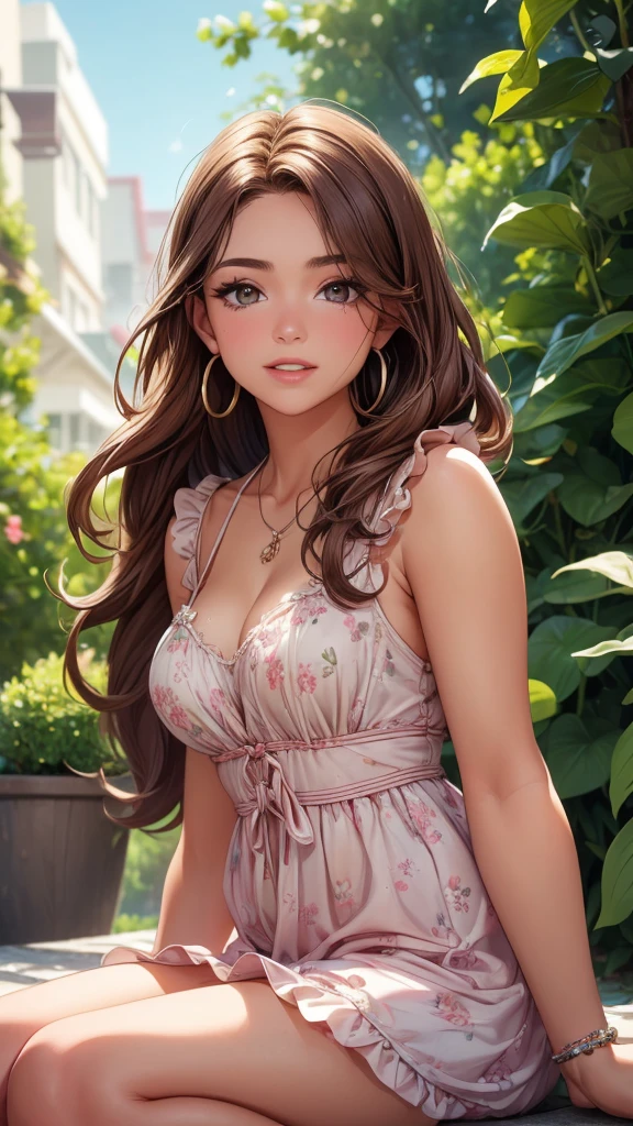 (Best quality, 8k, Masterpiece :1.3)), Sharp focus :1.2, Perfect body beauty: 1.4, Slim abs: 1.2, ((Long Dark brown hair, round breasts: 1.2)), (realistic light, natural lighting: 1.1 ), highly detailed facial and skin textures, detailed eyes, double eyelids, (((Dynamic Angle))), nsfw, 8K raw photo, Best quality, masterpiece, ultra high res, film grain, filmg, 1girl, looking at viewer, natural skin texture, realistic eye and face details, full lips, lipstick, (makeup), "Create a high-quality profile picture of a young Latina woman named Bella Rivera. She is 24 years old, with a softer, curvier build and a warm medium-tan complexion. Bella has an oval-shaped face with high cheekbones, almond-shaped dark brown eyes, and thick, well-groomed eyebrows with a natural arch. Her nose is straight with a slight elegant curve, and she has full lips with a natural pink hue. Bella has a bright, warm smile with subtle dimples, and a small beauty mark above her upper lip on the left side. Her long, wavy hair is deep brown with natural highlights.

In this photo, Bella is wearing a casual yet feminine outfit. She is dressed in a flowy, floral-patterned sundress that highlights her curves and enhances her soft build. The dress has a light, pastel color palette and delicate details such as ruffles or lace. She accessorizes with simple, elegant jewelry like small hoop earrings, a delicate necklace, and a couple of bracelets. Her makeup is natural, with a focus on her bright smile and expressive eyes.

Bella should be standing or sitting in a relaxed and comfortable pose, perhaps holding a cup of coffee or a bouquet of flowers, to enhance the casual and feminine vibe. The background should be a softly blurred outdoor setting, like a park or garden, with natural light highlighting her features and outfit." black pantyhose,