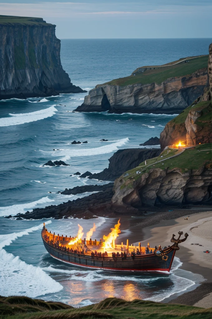 Several Viking ships illuminated with torches approach a beach surrounded by cliffs. it's night. The moon shines on the waves of the sea.