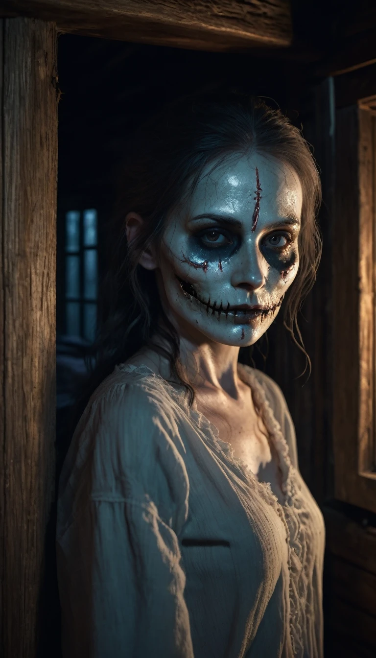 An image of a pale, cadaverous face staring back at me,  at night in an old cabin, PICTURE REALISTIC, high resolution, 8K 