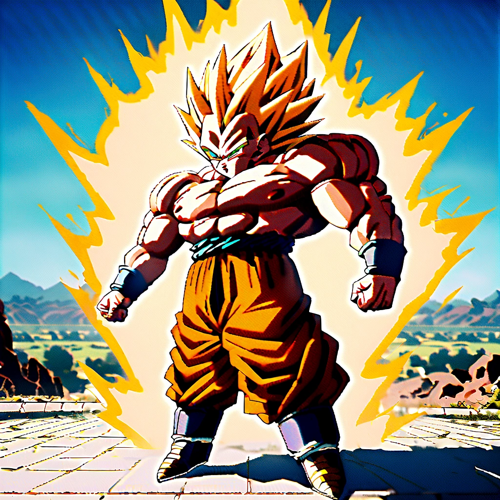 1boy, Vegeta, from Dragon Ball Z, Vv2essjnss, yellow hair, spiked hair, green eyes, male focus, straddle stance, (huge muscles:1.5), full body, yellow aura, electricity, Dragon Ball Z artstyle, in the style of Akira Toriyama, white tiled floor, outdoors, flat-top mountains, Extreme Wide shot, Low Angle Shot, , masterpiece, best quality, very aesthetic, absurdres