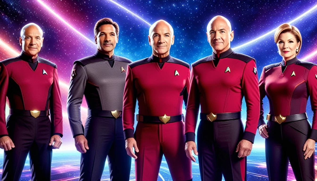 A realistic rendering of five iconic Starfleet captains (Sisko, Archer, Picard, Kirk, Janeway) standing together, wearing their distinctive uniforms. The background is a starry space scene. Hyper-realistic, vibrant colors, 16k