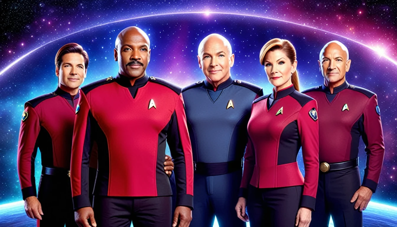 A realistic rendering of five iconic Starfleet captains (Sisko, Archer, Picard, Kirk, Janeway) standing together, wearing their distinctive uniforms. The background is a starry space scene. Hyper-realistic, vibrant colors, 16k