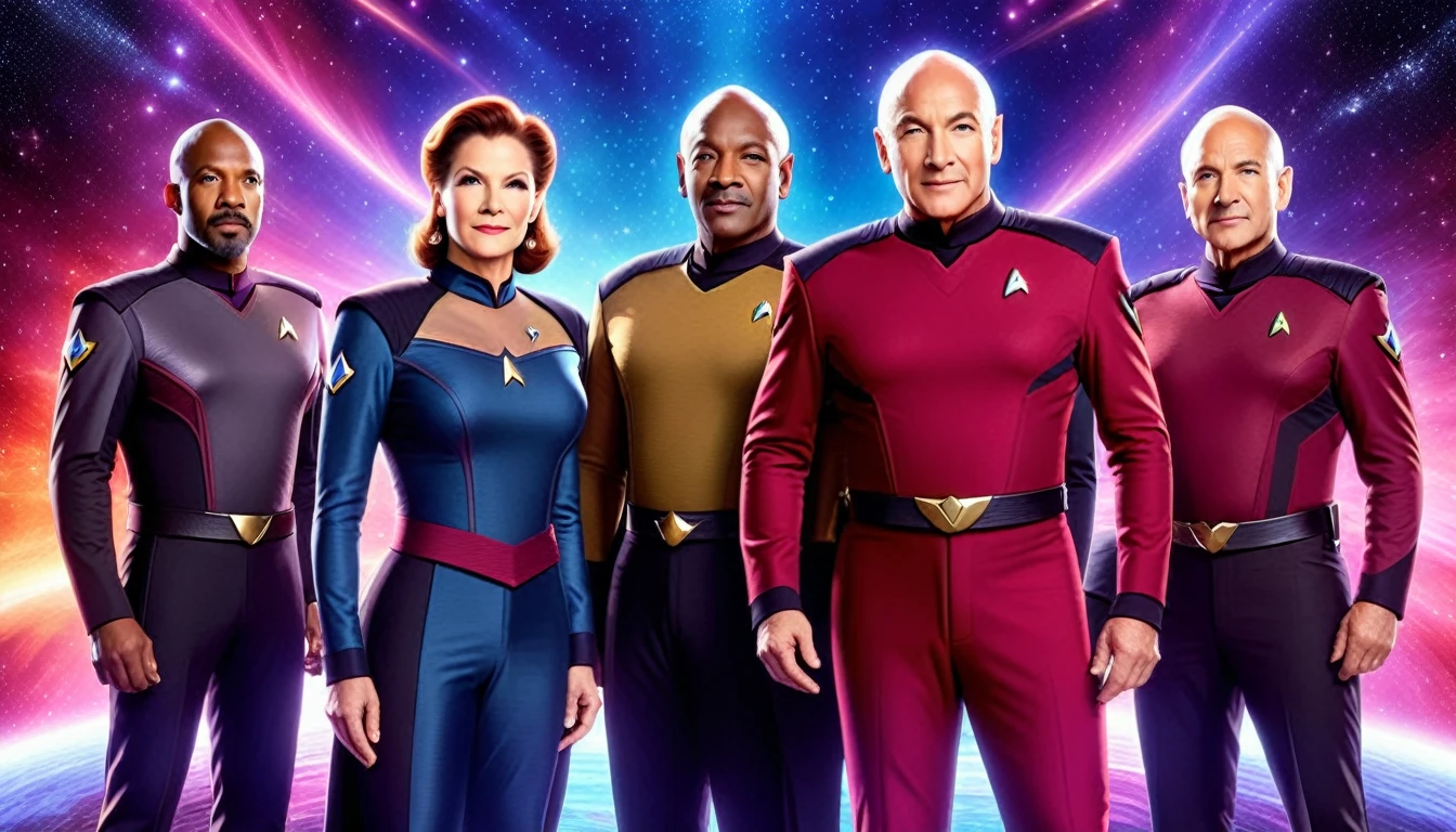 A realistic rendering of five iconic Starfleet captains (Sisko, Archer, Picard, Kirk, Janeway) standing together, wearing their distinctive uniforms. The background is a starry space scene. Hyper-realistic, vibrant colors, 16k