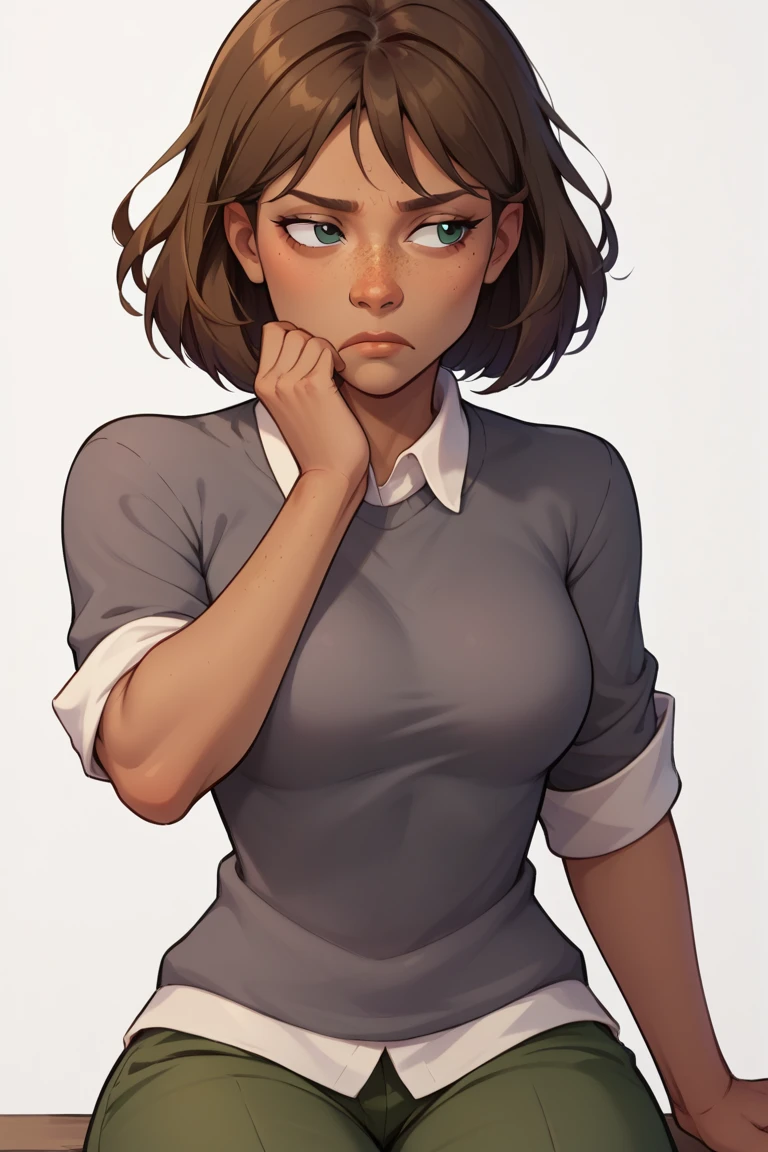 score_9, score_8_up, score_7_up, BREAK, 1girl, solo, breasts,  courtneytd, dark skin, freckles, grey shirt, collard shirt, sweater, sleeves rolled up, green pants, upper body, white background, sitting, hand on own chin, looking away, bored,