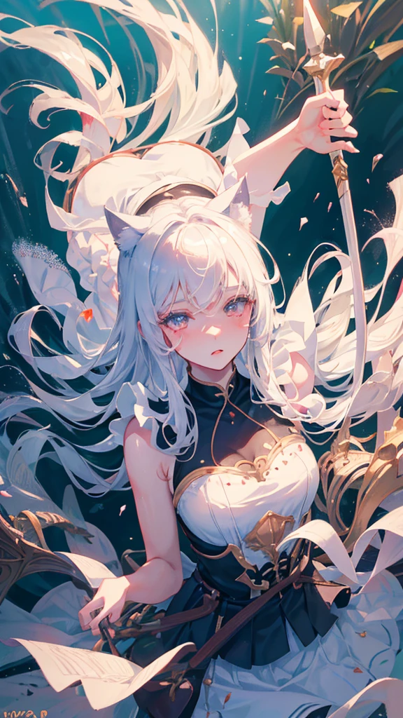 Tsundere 18 year old girl, beautiful and delicate eyes, beautiful lips, Highly detailed eyes and face, long eyelashes, 1girl, white cat ears,foot long bag, Front view, red eyes, (best quality, 4K, 8K, high resolution, masterpiece:1.2), Ultra-detailed, (realistic, realistic, realistic, realistic: 1.37), big bust, Scythe, elegant, fantasy, soft lighting, white background,holding a weapon, maid uniform, Showing armpits,