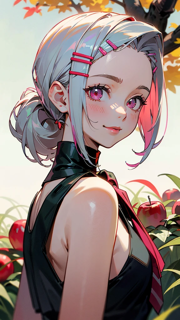 17-year-old female、Silver and bob short hairstyle, Tie your hair up with a hair clip, Pink Eyes、、Big smile、one piece、(High Top Fade:1.3)、Dark Theme、Calm colors調、Calm colors、High contrast、Green meadow background、Taste autumn fruits、apple、(Natural skin texture、Hyperrealism、Soft Light、sharp)