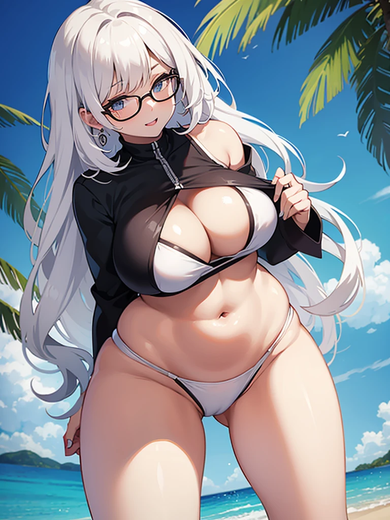 Women, sexy, White skin color, Bikini, tight, sonrriente, earrings, big thighs, long hair, glasses, Big bust, exposed bust