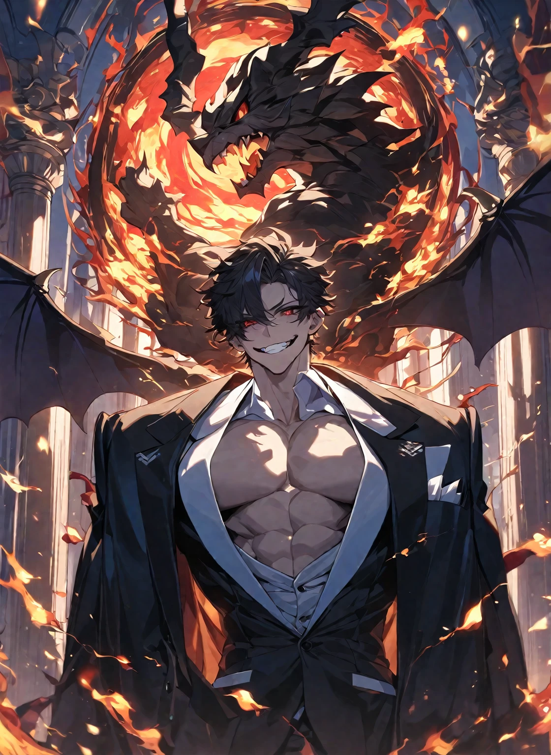 Best quality, one, beautiful, 1 man, with a sporty body, V-shaped body, wide shoulders, in a detailed black British suit, crazy wild and toothy smile, huge bat wings, sharp ears, short black hair, model hair, black sclera and blood red eye iris, a circle of fire around it, against the background of a pillar of flame and full of fire and covered with lights, fiery threads