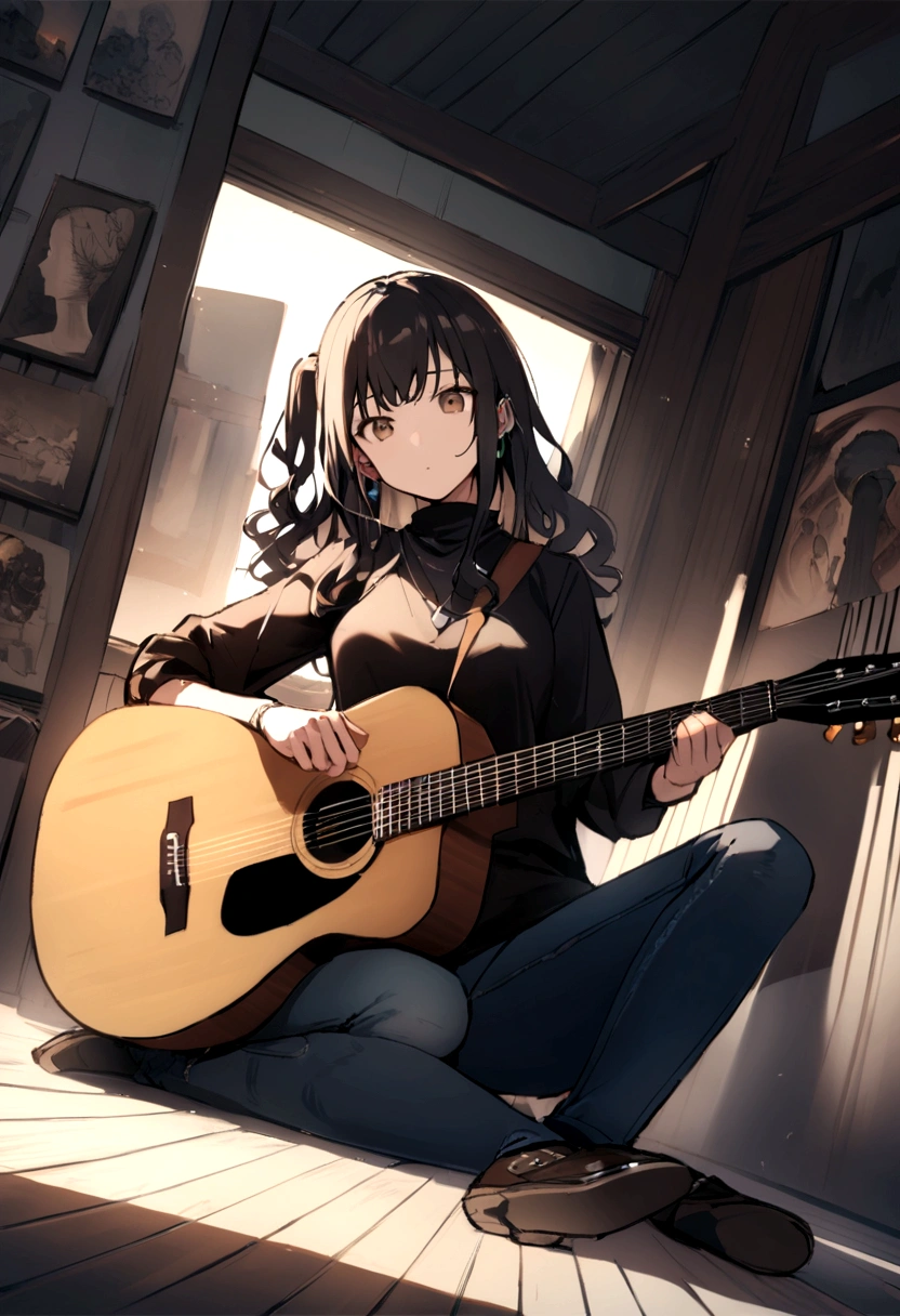 (work of art, maximum quality) 1 girl, musical instrument shop, alone , black blouse , brown dark eyes , holding a giaannini guitar ,earbuds, sit down, containment, guitar pick, instrument, long hair, music, one side up, jeans, hinterland, dynamic angle , Bblack hair , アニメ , Brunetette , wavy hair