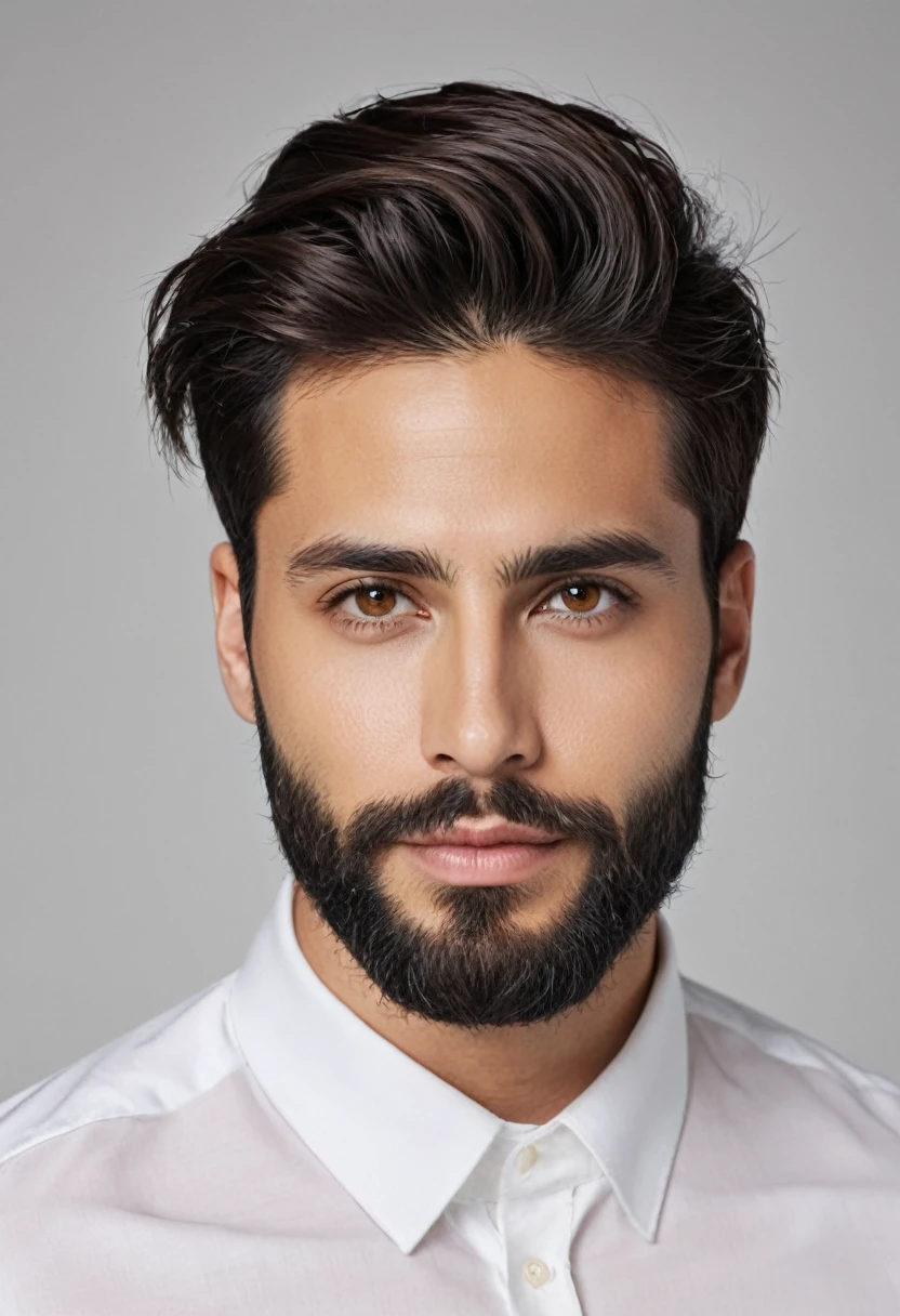 Create a 30-year-old man with a beard, intellectual style, brownish skin, re-turned nose, Brown eyes, defined lips, dark brown hair, straight, Modern hairstyle, with a basic white shirt