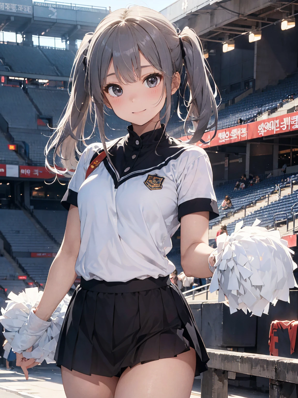 Cheerleader posing for support with big pom-poms、(stadio)、(tiny chest:1.4)、Raw photography, top-quality, hight resolution, (​masterpiece), (Photorealsitic:1.4), professional photograpy, foco nítido, nffsw, 8K分辨率, intricate detailes, depth of fields, the Extremely Detailed CG Unity 8K Wallpapers, front lit, girl with, Smile、(A slender:1.3)、(taken from the under:1.5)、(skinny thigh)、Wear a baseball cap on your head、see -through