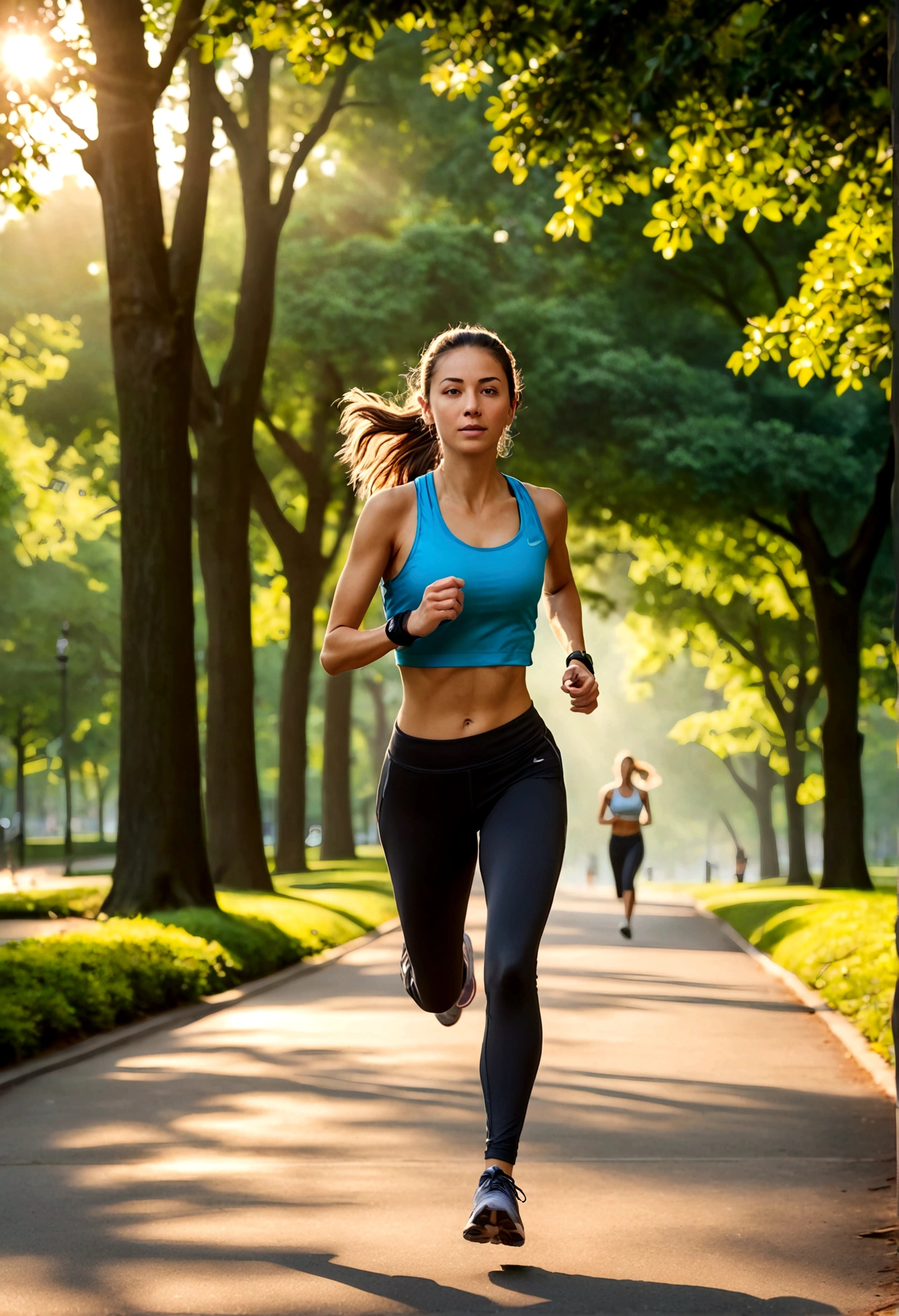 A realistic photo of a young woman jogging in a city park during the early morning. The sun is rising, casting a warm glow on the scene. She is wearing modern athletic gear, including running shoes, leggings, and a tank top. The park has a paved jogging path, lush green trees, and a few other joggers in the background. The atmosphere is vibrant and energetic, with a clear blue sky and a hint of morning mist. The photo should have high resolution and realistic lighting to make it indistinguishable from a real photograph.