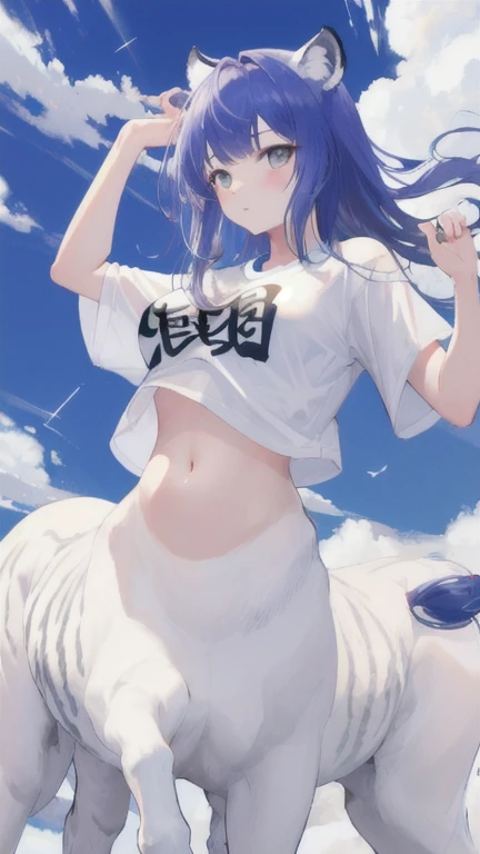 (best quality, masterpiece), 1 girl, centaur, It takes, White skin, Korean , exposing the abdomen,belly button t-shirt, 아름다운 소녀 perfect white tiger photo, perfect white tiger photo