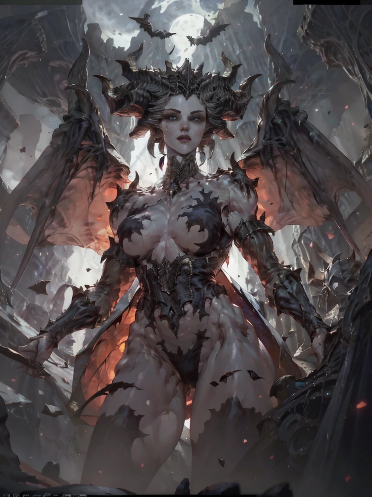 a fantasy image, a cave full of bones and skulls, it should show a faint moonlight, in the center of the image there should be a woman with long bat wings and long horns, the background should be a clear night sky with a moon red behind.