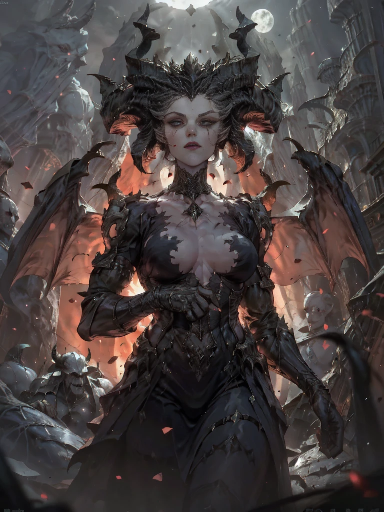 a fantasy image, a cave full of bones and skulls, it should show a faint moonlight, in the center of the image there should be a woman with long bat wings and long horns, the background should be a clear night sky with a moon red behind.