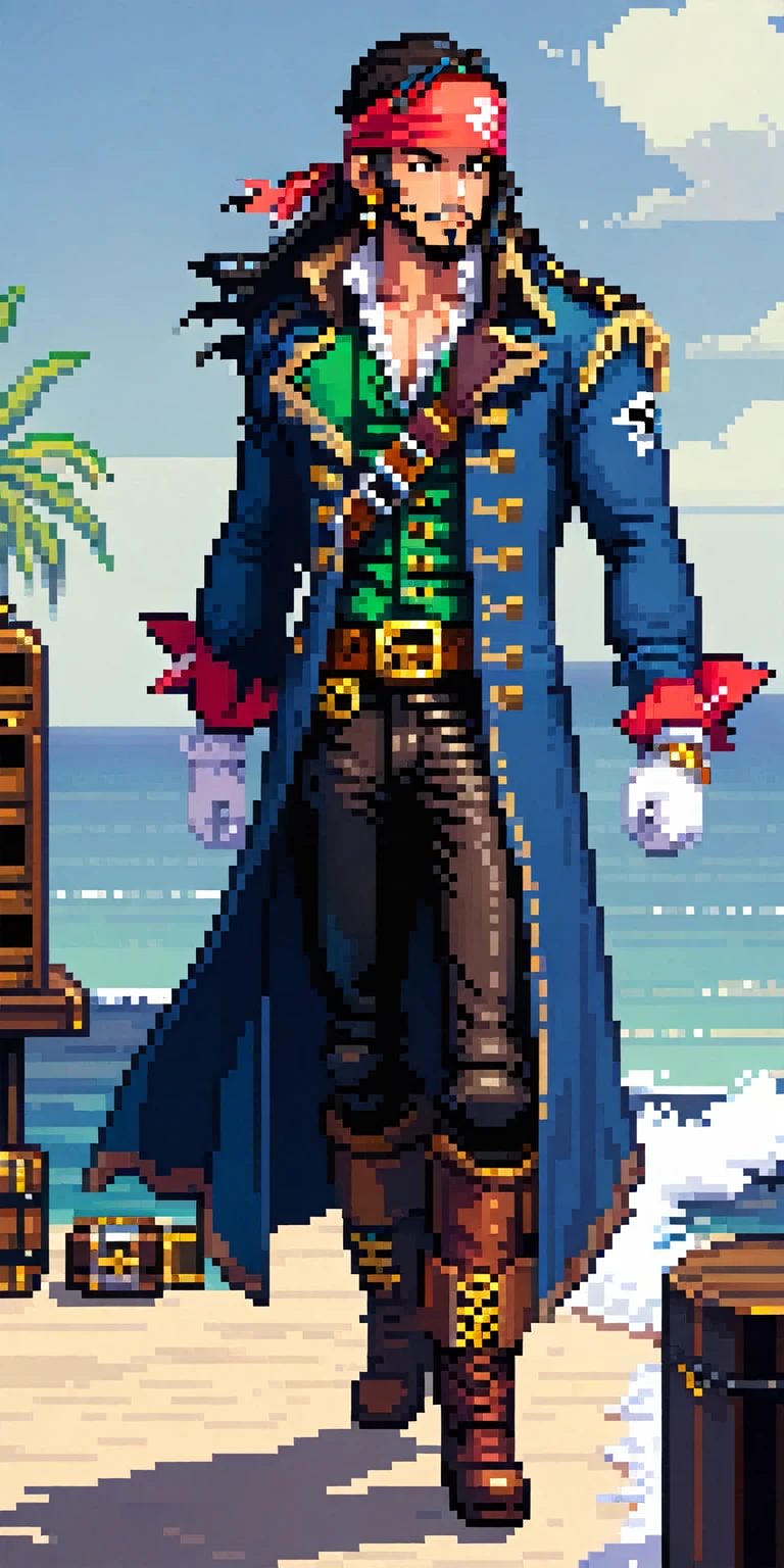 (Pixel art: 1.2), 1 man, 30 years old, with a muscular build, light brown eyes, medium-length silky black hair, wearing a red bandana on his head, a gold earring in his right ear, a gold tooth, a necklace with a green stone and silver necklaces, a blue overcoat with gold ornaments, a leather belt, a white vest and a semi-open dress shirt, the blue overcoat sleeves cover up to the forearms, white gloves on his hands, leather boots, reinforced blue pants, side view, visible lips and nose, Black background, pirate style, nothing out of the frame.