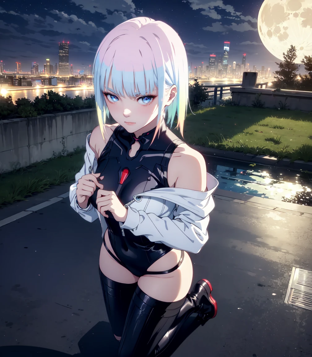 Masterpiece, best quality, 16k resolution, NVIDIA RTX Ray Tracing technology, Create a 4K resolution, ultra-realistic, and extremely detailed artwork, award winning, retina, soft light, sharp focus.(hyper-realistic:1.4), (full body:1.5), (Night, night time:1.4), from above
cyberpunklucy, lucy, short hair, bangs, blue eyes, blue hair, multicolored hair, makeup, (multicolored eyes:1.3), smile, model pose, modeling
BREAK bare hips, bodysuit, leotard, monowire, off shoulder, off-shoulder open clothes, MIDRIFF
BREAK outdoors, city, moon, night, sky, clouds,
sexy, Sexy, smooth perfect skin, smooth_skin
Beautiful、(red blush)、Sexy
FULL BODY SHOT, ultra wide angle, textured skin, face detail, clean skin, perfect hands, perfect anatomy, anatomically correct,
(Realistic park:1.3)