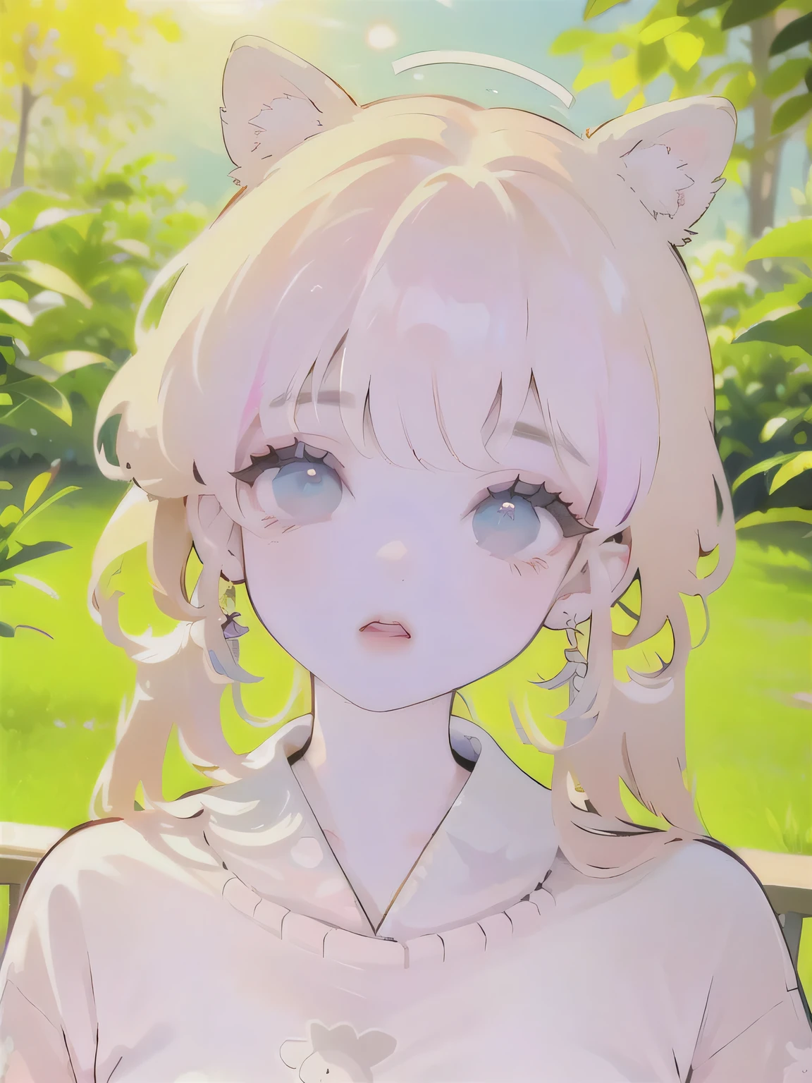(high quality) (best quality) (a woman) (correct physiognomy) (Perfect students) (perfect eyes) anime woman with ears bunny in his head, deep pink long fluffy hair pink, two rabbit ears coming out of her head, blue eyes, sensitive lips, feminine appearance, soft facial features, thin eyebrows, soft skin, rosy cheeks, pink lips, silky eyelashes, dreamy expression, middle age, youthful clothes, printed sweatshirt, photo illuminated by sunlight, Woman sitting in the forest.