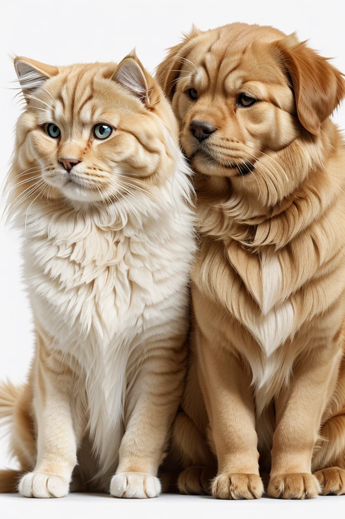 A golden retriever dog next to a Persian cat on a white background
