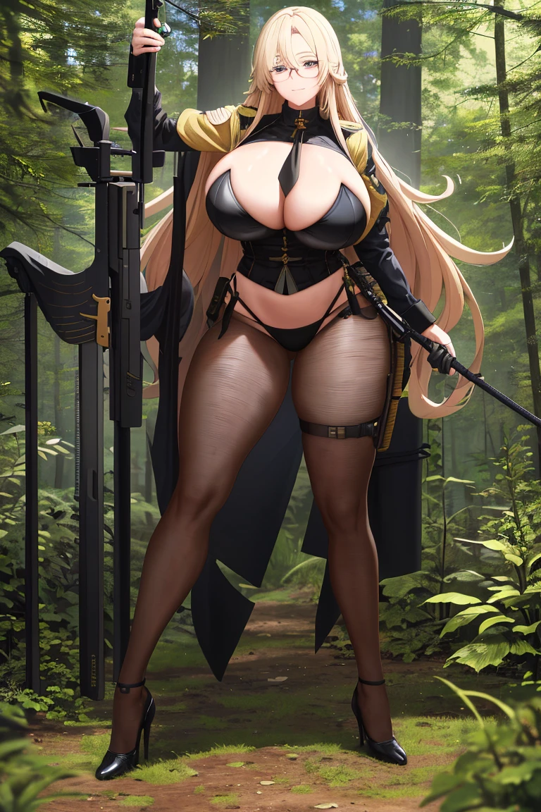 A woman,Long blond hair,wear glasses,Female Soldier,Black steel helmet,in the forest,Wearing a black bikini,Long legs,Nipple protrusion,Twenties,exposed,Black high heels,Huge breasts,超级Huge breasts,Standing