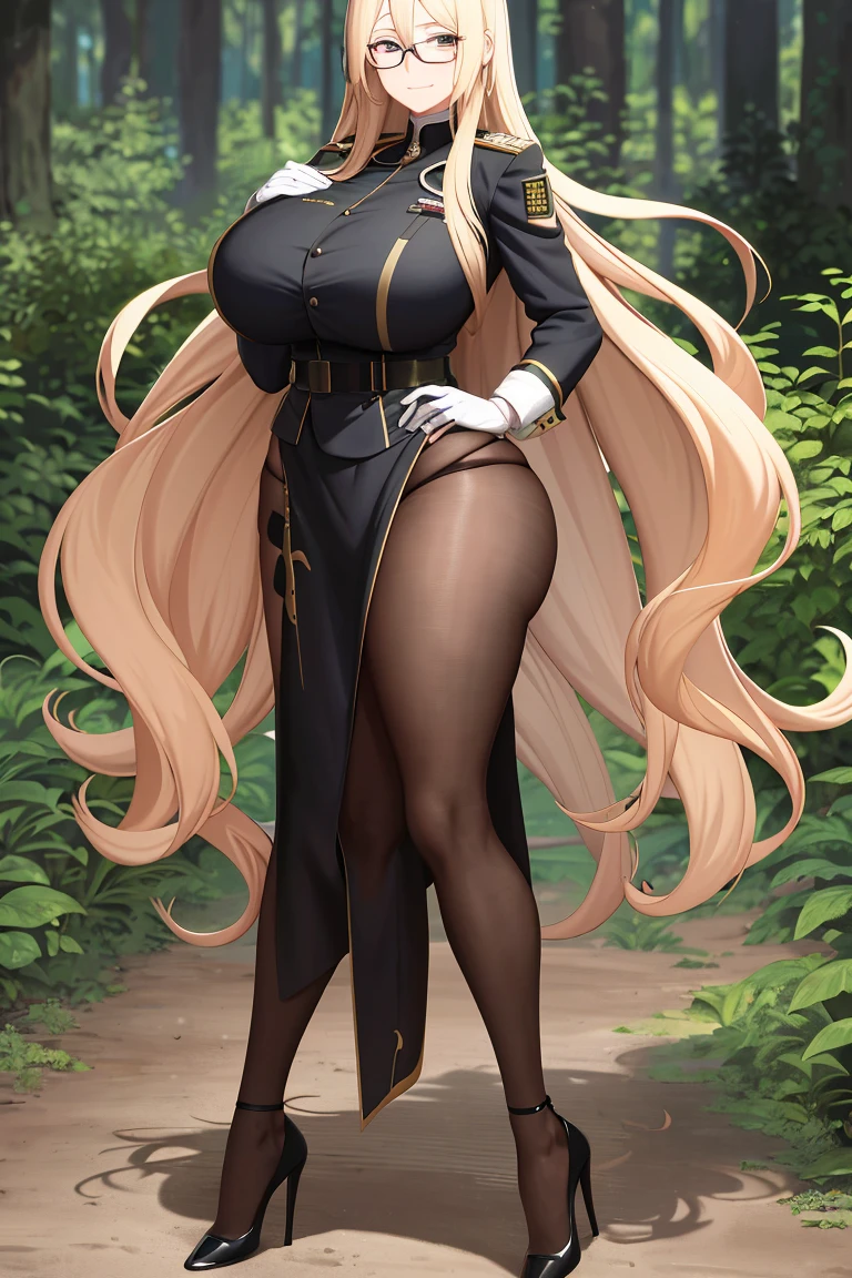 A woman,Long blond hair,wear glasses,Female Soldier,Black steel helmet,in the forest,Wearing a black bikini,Long legs,Nipple protrusion,Twenties,exposed,Black high heels,Huge breasts,超级Huge breasts,Standing