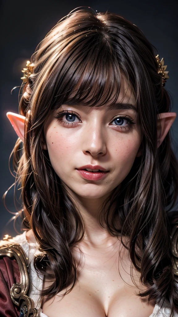 ((Beautiful Face:1.4)), (Purelos Face_v1: 1.0), Half Body,((White simple background)),Super detailed beautiful elf girl 30 years old. ((Ultra-high resolution:1.2)), 4K, 8K, Cinematic,(Natural big breasts:1.4)