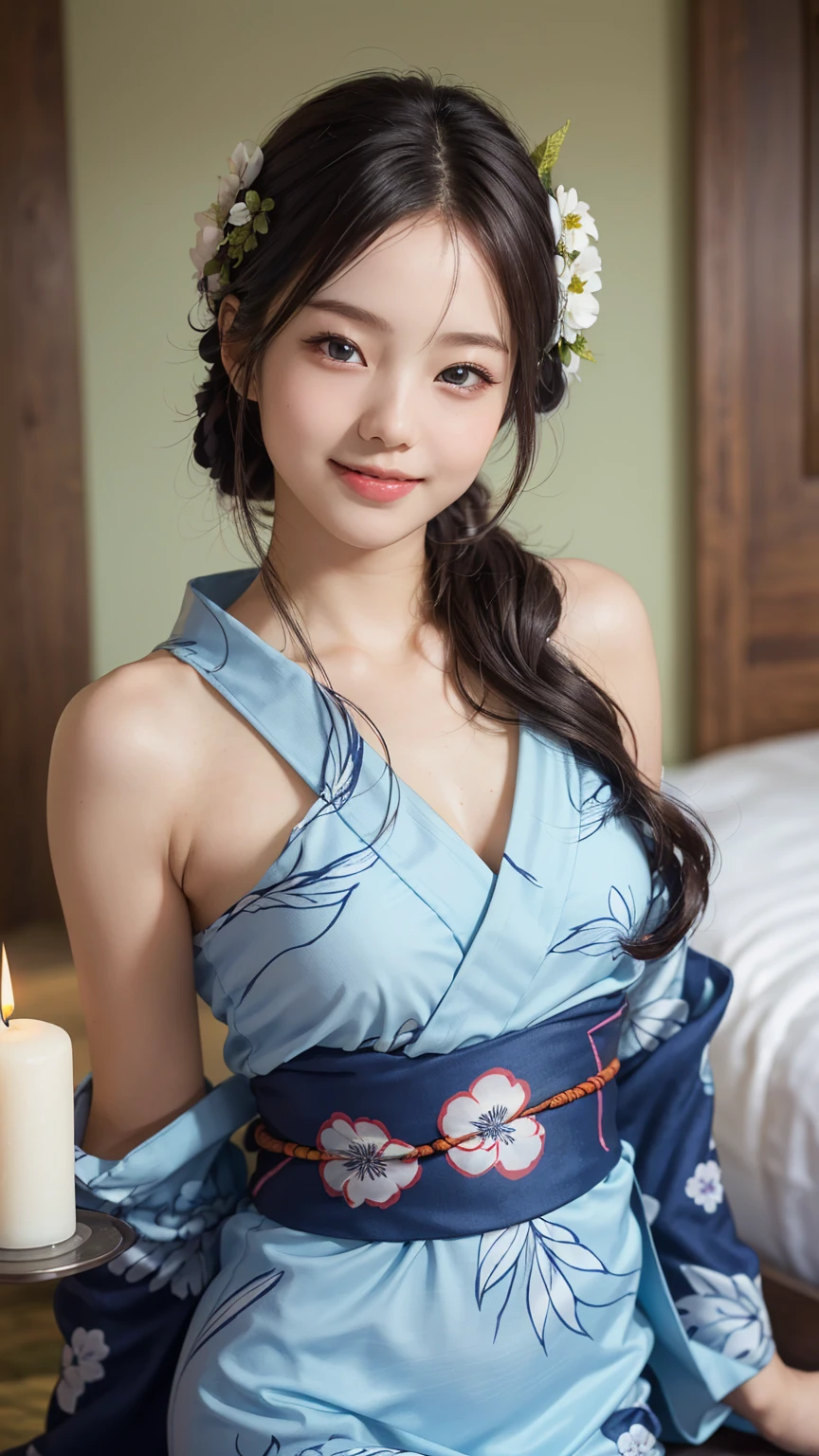 (One girl), Very cute face, Great face and eyes, (Highly detailed eyes, Highly detailed face), Fresh, Very beautiful appearance, (超Realisticな, High resolution), (Highest quality:1.4), RAW Photos, (Realistic, Photorealistic:1.37), Professional photography, (Floral Yukata:1.25), (Surprisingly large:1.1), (Open yukata), (Bare shoulders), Smile a little, (Look at me), Bedroom, Flower Screen, relax, (Bedroomは真っ暗だ:1.6), (The brightness of one candle:1.5), Focus on the girl,