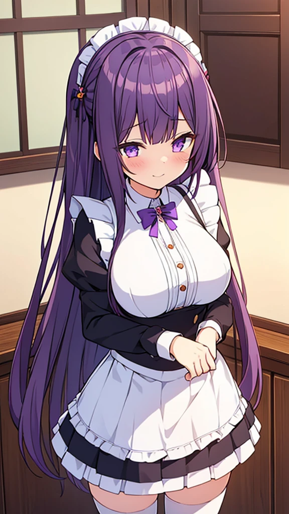 最high quality, high quality, Super detailed, 16K, Ultra-detailed details, pretty girl, alone, beautiful purple hair, Beautiful purple eyes, Big Breasts, A light smile, Summer clothes, Summer Maid clothes, I'm lifting my skirt, Blue and white color striped underwear(Showing her underwear under her skirt), My crotch is wet with love juice, {{A succubus who falls in love with a man steals the facial skin of the girl he loves, transforms her face into that of a girl, and serves the man as a maid.}}, Full body image, NSFW