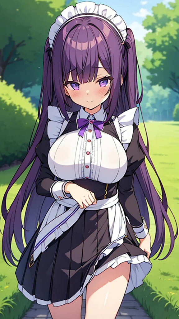 最high quality, high quality, Super detailed, 16K, Ultra-detailed details, pretty girl, alone, beautiful purple hair, Beautiful purple eyes, Big Breasts, A light smile, Summer clothes, Summer Maid clothes, I'm lifting my skirt, Blue and white color striped underwear(Showing her underwear under her skirt), My crotch is wet with love juice, {{A succubus who falls in love with a man steals the facial skin of the girl he loves, transforms her face into that of a girl, and serves the man as a maid.}}, Full body image, NSFW