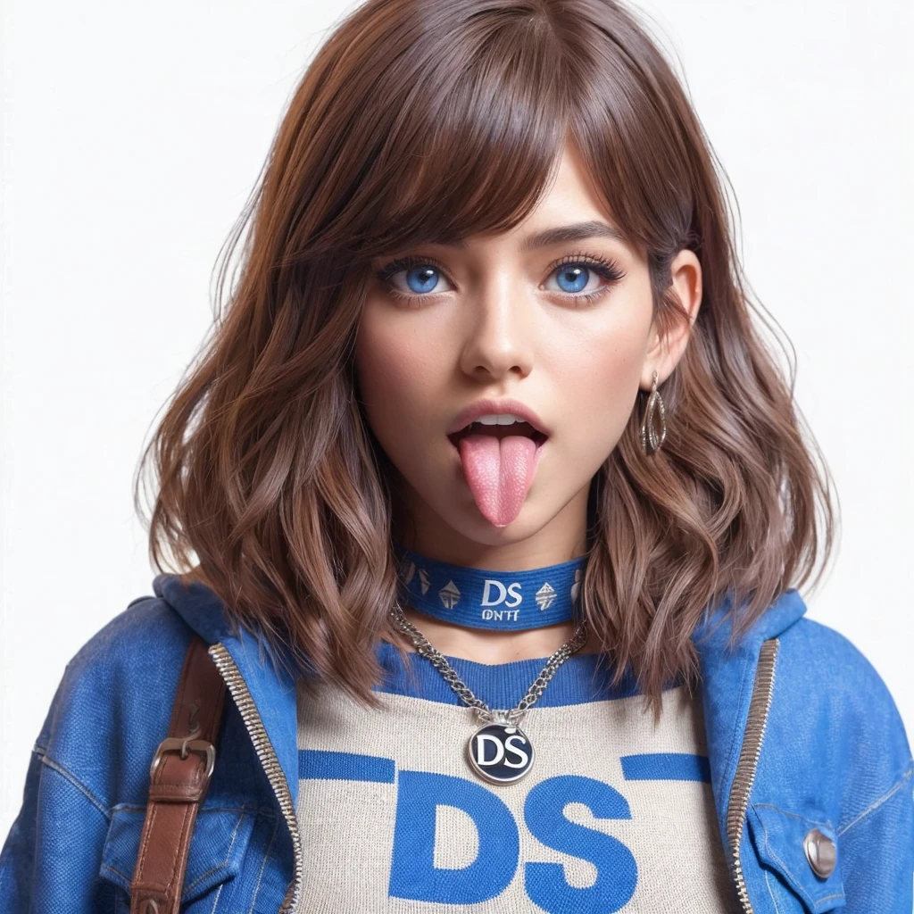 Personagem DS,mulher, estilo, 3d,com cabelos castanhos liso , olhos azuis, roupas nas cores banco, azul, com as iniciais DS na vestimenta iniciais DS na roupa adulta, modelo, estilo descolada, DS ,mulher 18 anos,humana realista model mordendo os lábios  Midnight, Best quality, 8k, Masterpiece :1.3)), Whole body, Long legs, Sharp focus :1.2, A pretty woman with perfect figure :1.4, Slender abs :1.1, ((Dark brown hair, Big breasts :1.2)), (White tight tshirt, Jean bib, Standing:1.2), ((Night city view, Rooftop:1.3)), Highly detailed face and skin texture, Detailed eyes, Double eyelid, sunset, darken, backlit, off shoulder DS character, woman, style, 3d, with straight brown hair, blue eyes, clothes in bank colors, blue, with the initials DS on the initials DS on the clothing, adult model, cool style, DS,