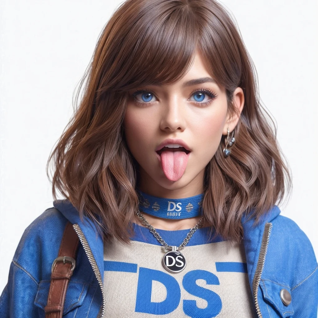 Personagem DS,mulher, estilo, 3d,com cabelos castanhos liso , olhos azuis, roupas nas cores banco, azul, com as iniciais DS na vestimenta iniciais DS na roupa adulta, modelo, estilo descolada, DS ,mulher 18 anos,humana realista model mordendo os lábios  Midnight, Best quality, 8k, Masterpiece :1.3)), Whole body, Long legs, Sharp focus :1.2, A pretty woman with perfect figure :1.4, Slender abs :1.1, ((Dark brown hair, Big breasts :1.2)), (White tight tshirt, Jean bib, Standing:1.2), ((Night city view, Rooftop:1.3)), Highly detailed face and skin texture, Detailed eyes, Double eyelid, sunset, darken, backlit, off shoulder DS character, woman, style, 3d, with straight brown hair, blue eyes, clothes in bank colors, blue, with the initials DS on the initials DS on the clothing, adult model, cool style, DS,