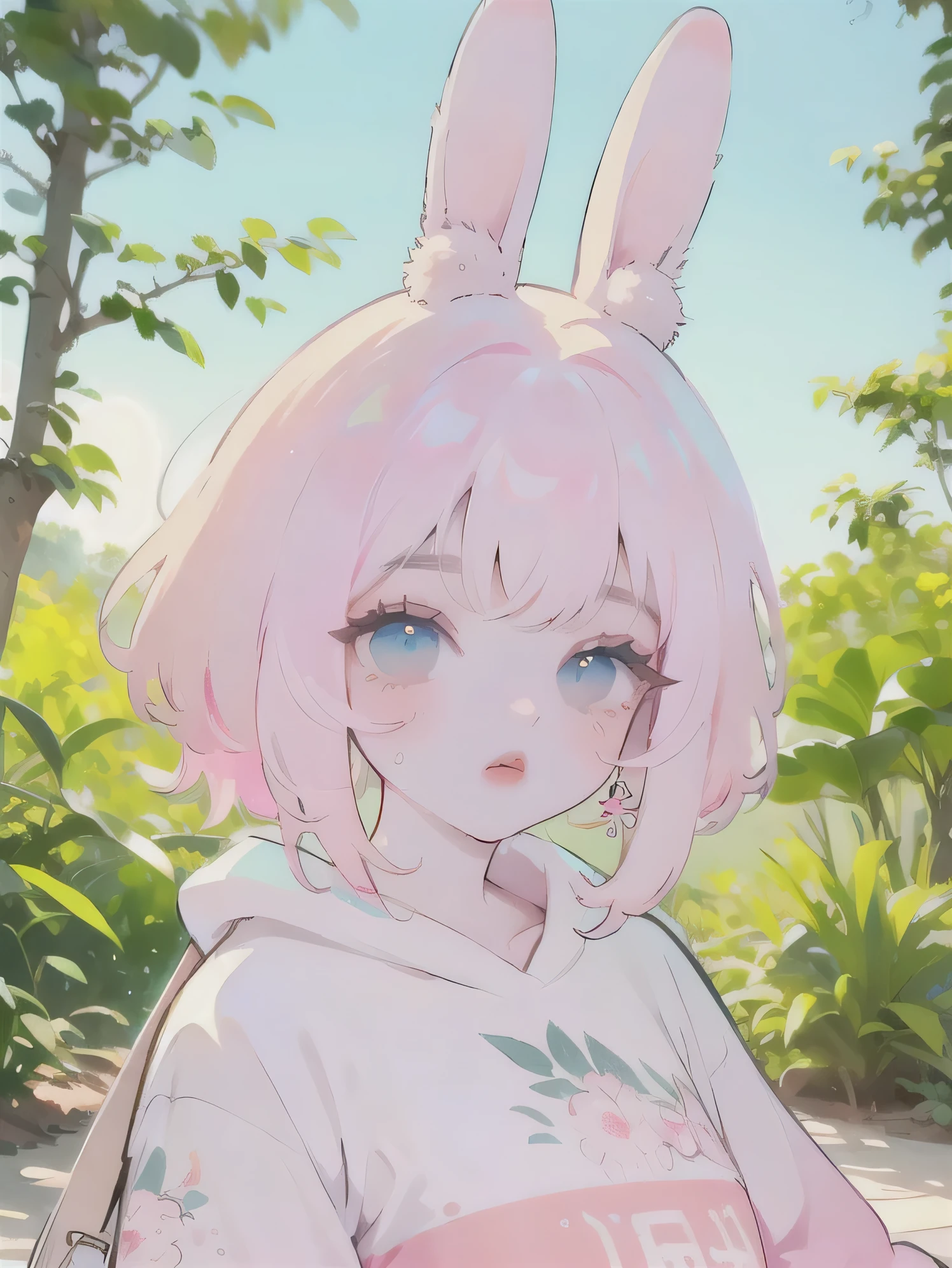 (high quality) (best quality) (a woman) (correct physiognomy) (Perfect students) (perfect eyes) woman with ears bunny in his head, deep pink long fluffy hair pink, two rabbit ears coming out of her head, blue eyes, sensitive lips, feminine appearance, soft facial features, thin eyebrows, soft skin, rosy cheeks, pink lips, silky eyelashes, dreamy expression, middle age, youthful clothes, printed sweatshirt, photo illuminated by sunlight, Woman sitting in the forest.
